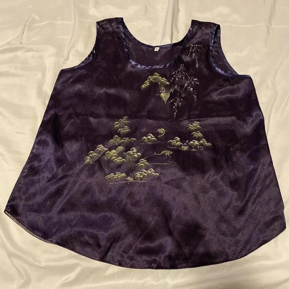 dark blue blouse small women Painted Birds Trees Nature